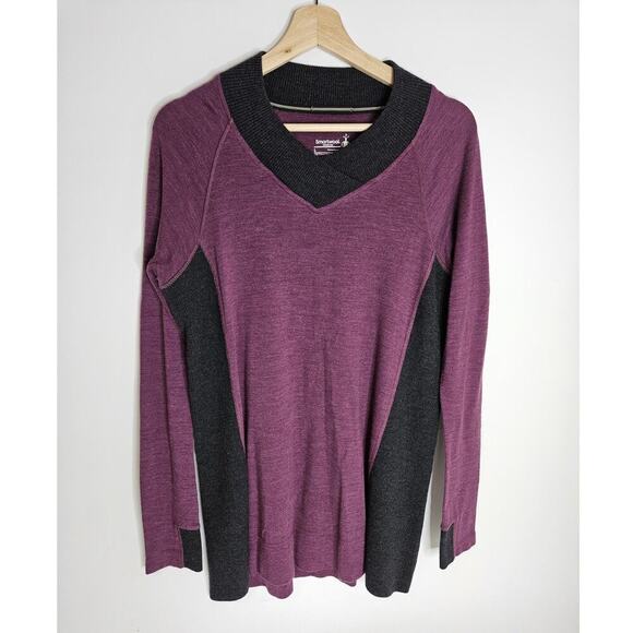Smartwool Burgandy V-Neck Ribbed Sweater Size Large Colorblock Merino Wool Tunic - Picture 1 of 5